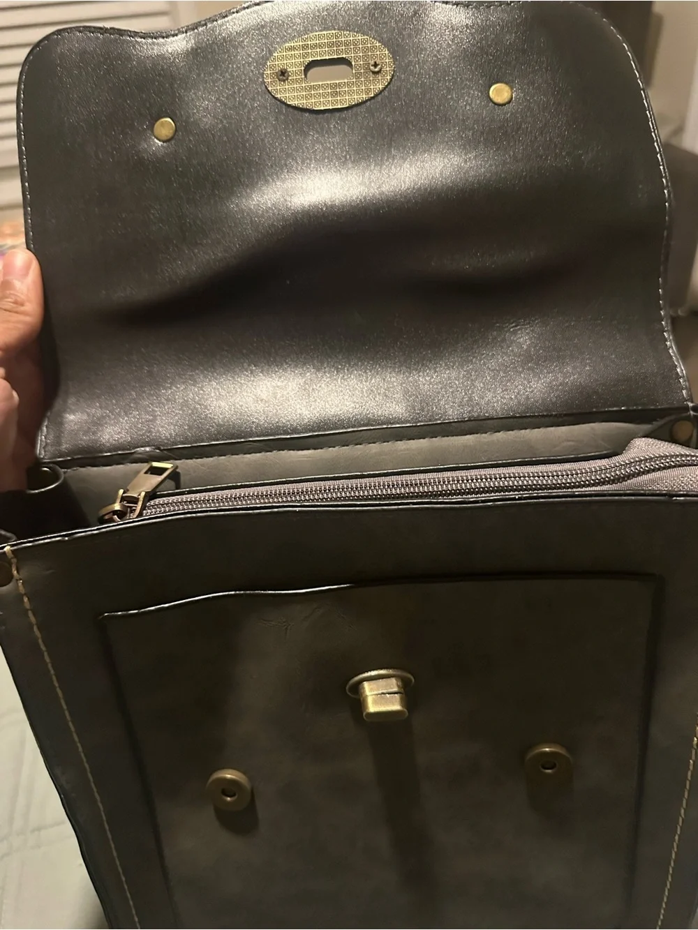 Grey Faux Leather Backpack with Gold Hardware